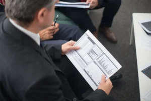 Two businessmen reviewing financial documents and data trends in a meeting on investing performance