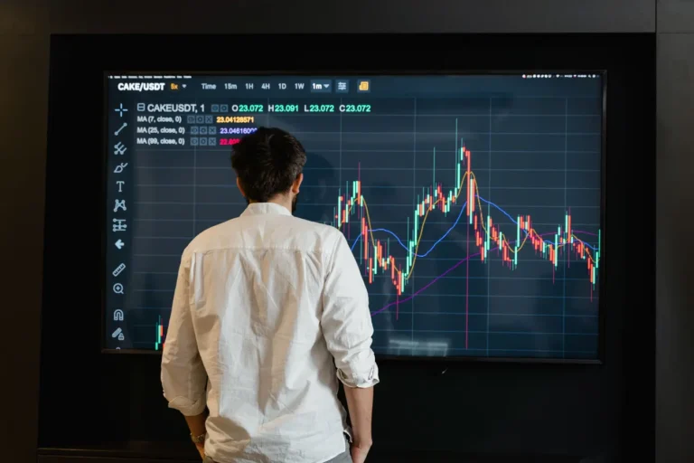 Back view of a trader analyzing market data on a monitor indoors