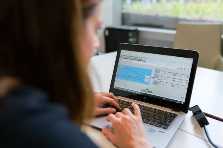 Woman engineer analyzing software on a laptop indoors for project portfolio management work
