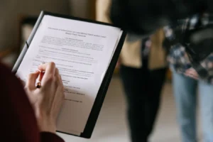 Couple reviewing real estate documents indoors while writing and discussing mortgage details