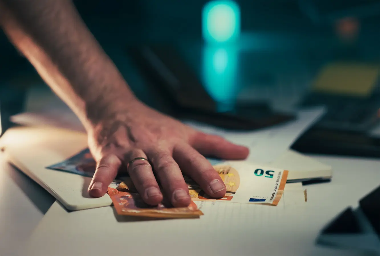 Hand grabbing euro bills from a cluttered desk, illustrating personal loan or financial stress